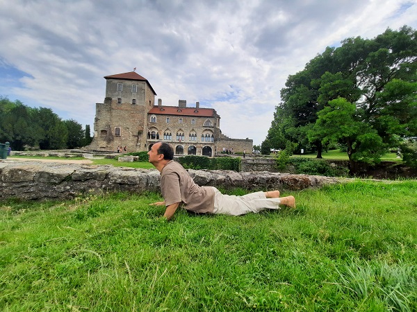 Doing Yoga in garden of Tata palace